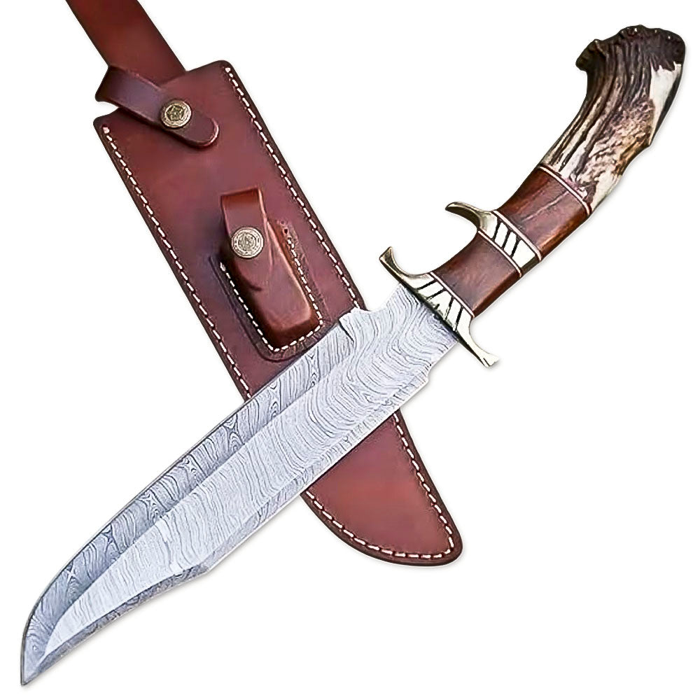 15" Handmade Damascus Steel Rat-Tail Bowie Hunting Knife Stag Antler Handle With Leather Sheath- Outdoor, Camping, Fishing, Hunting - propswords