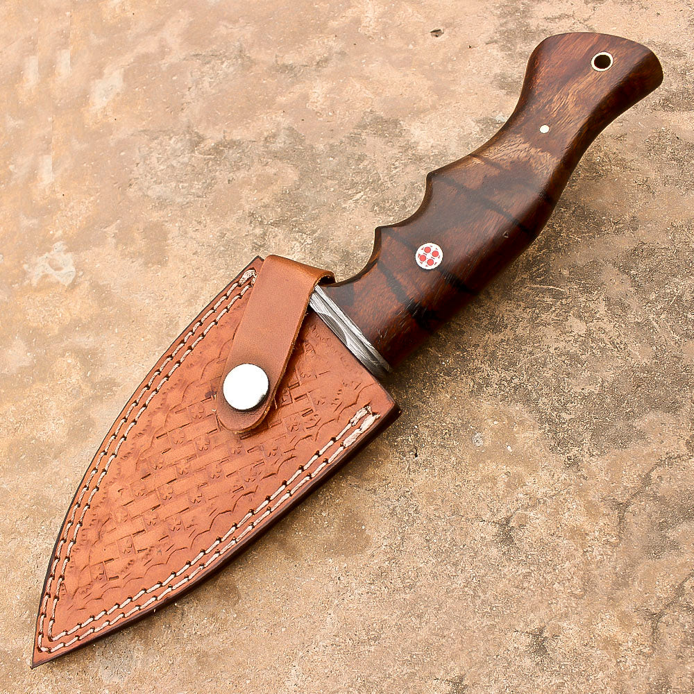 10" Damascus Steel Rat-Tail Survival Tactical Bobcat Bowie Knife With Leather Sheath-Rose Wood Handle - propswords