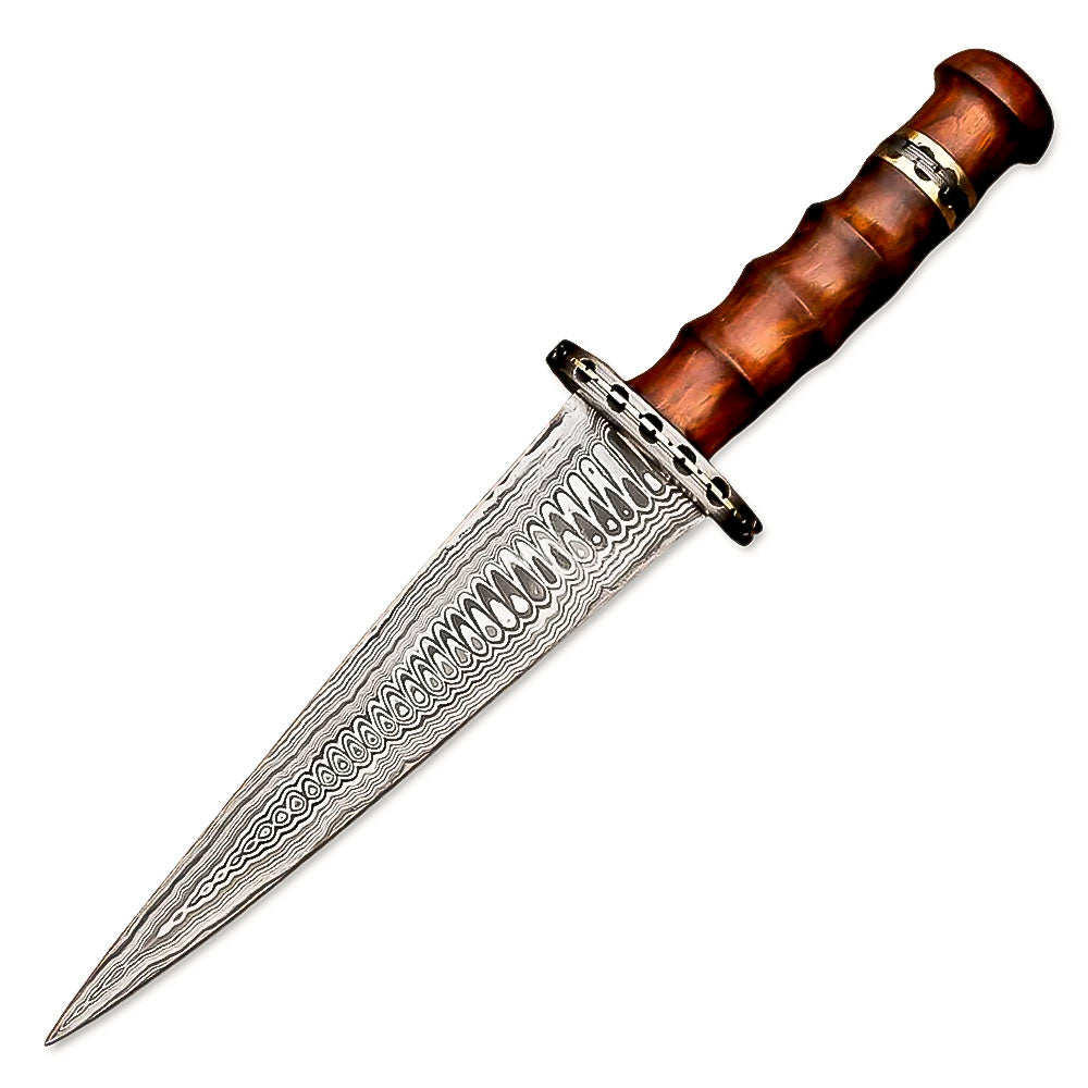 15" Hand Forged Damascus Steel Rat-Tail Dagger Knife Rose wood Handle With Leather Sheath - propswords