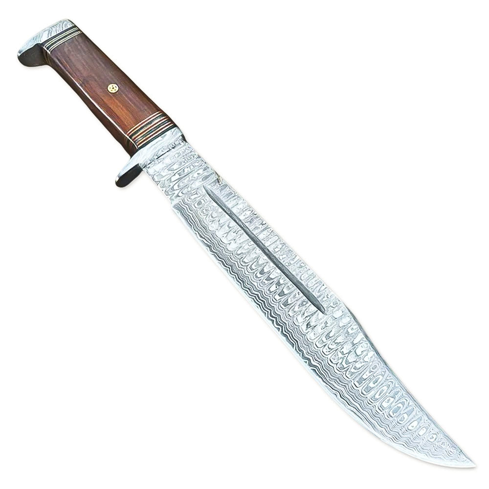 15" Handmade Damascus Steel Full Tang Bowie Knife Rose Wood Handle With Leather Sheath - propswords