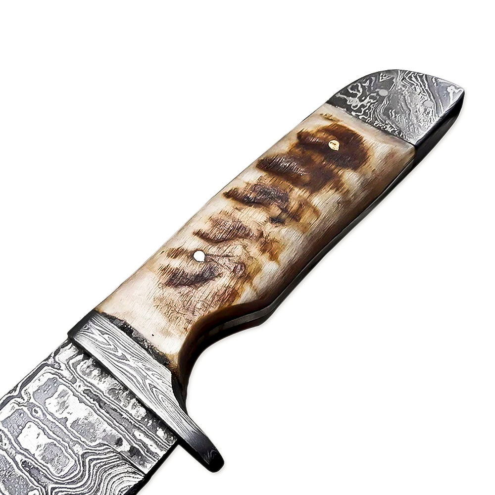 12" Handmade Damascus Steel Full Tang Bowie Hunting Knife Ram Horn Handle With Leather Sheath - propswords