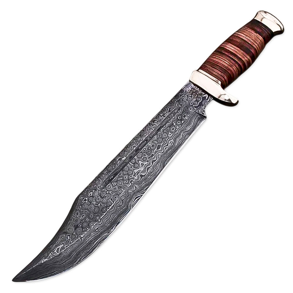 15" Handmade Damascus Steel Rat-Tail Bowie Knife Hunting Knife Wood Handle With Leather Sheath, Camping, Hunting, Fishing, Outdoor