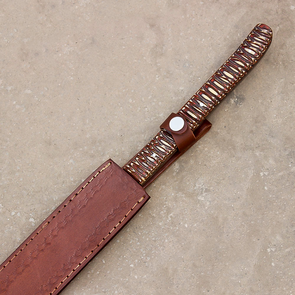 28" Hand Forged Damascus Steel Full Tang Machete Knife Outdoor Hunting Knife With Leather Sheath - propswords