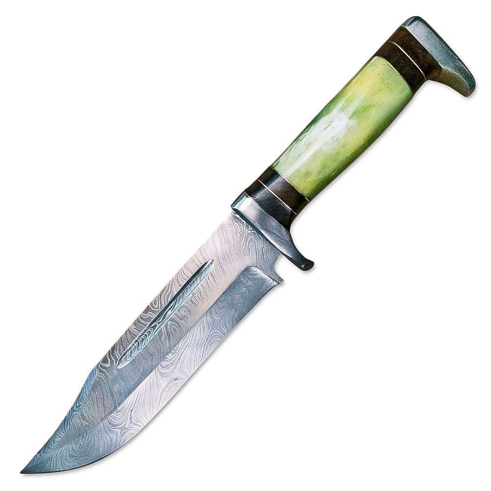 13” Handmade Damascus Steel Bowie Knife Colored Bone Handle With Leather Sheath - propswords