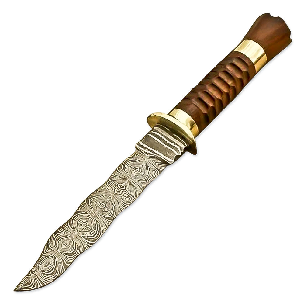 12" Handforged Damascus Steel Rat-Tail Dagger Knife With Leather Sheath-Rose Wood Handle - propswords