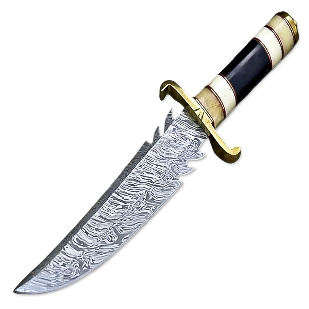 12” Hand Forged Damascus Steel Rat-Tail Bone & Buffalo Horn Handle Bowie Knife With Leather Sheath - propswords