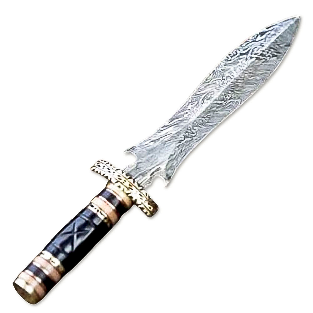 13" HandForged Damascus Steel Rat-Tail Double Edge Dagger Knife Buffalo Horn & Bone Handle With Leather Sheath