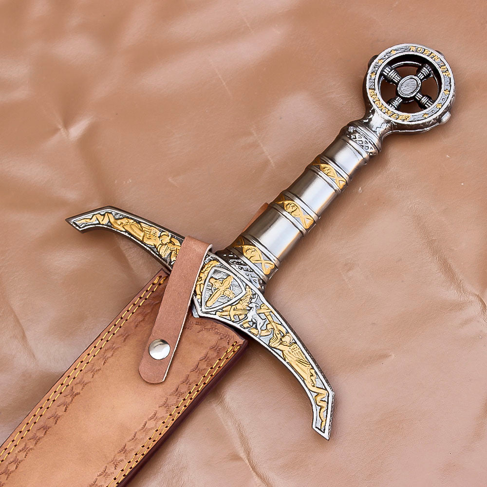 40" Hand Forged Damascus Steel Rat-Tail Locksley Sword With Leather Sheath - propswords