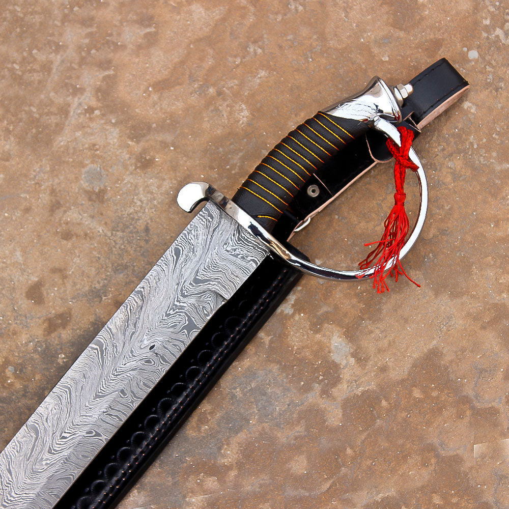 32" Hand Forged Damascus Steel Rat-Tail Cutlass Sword pirate sword With Leather Sheath - propswords