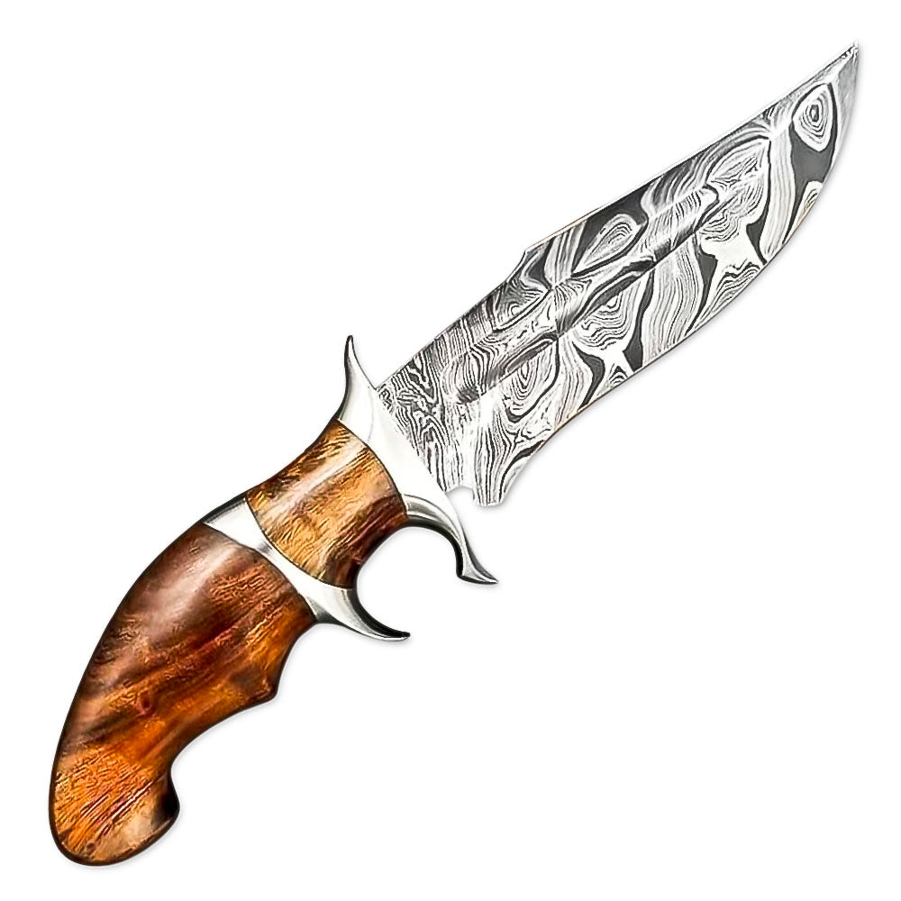 10" Handmade Damascus Steel Rat-Tail Rose Wood Handle Bowie Knife With Leather Sheath