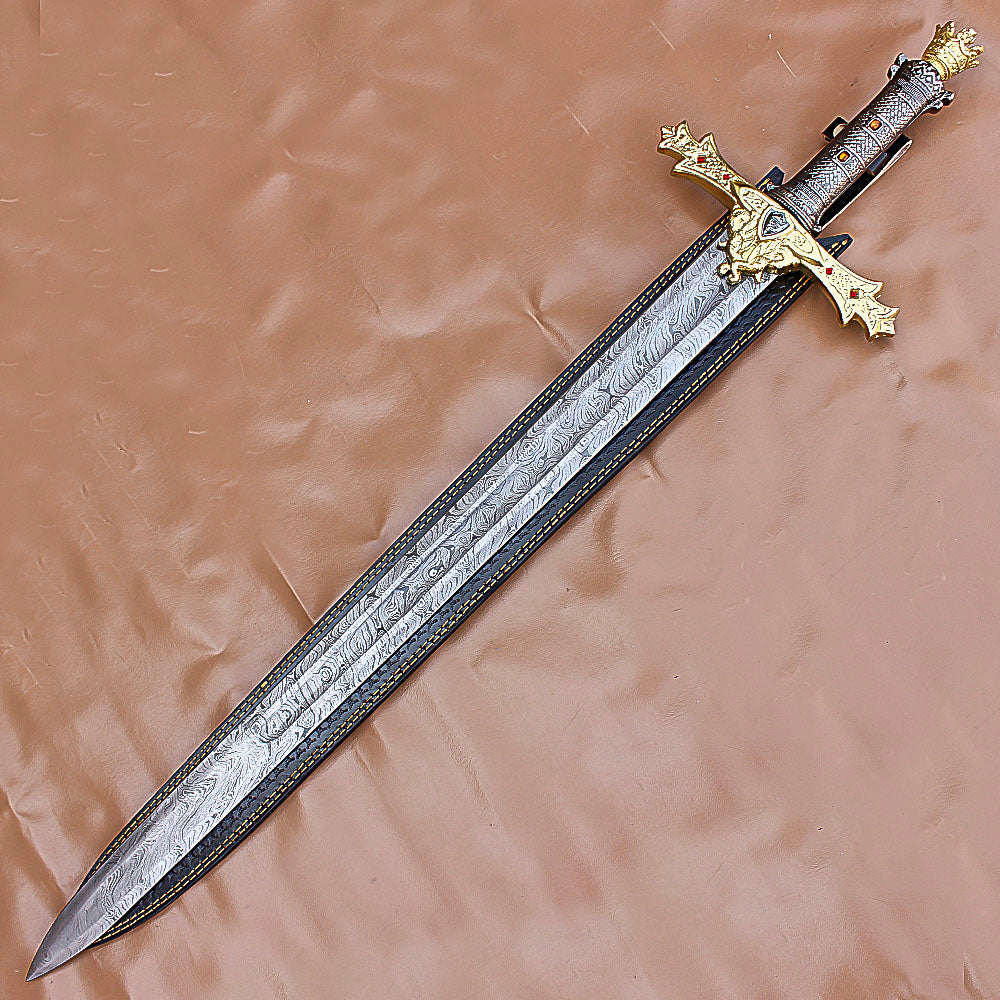 40" Awesome Hand Forged Damascus Steel Rat-Tail Marvelous Sword With Leather Sheath - propswords