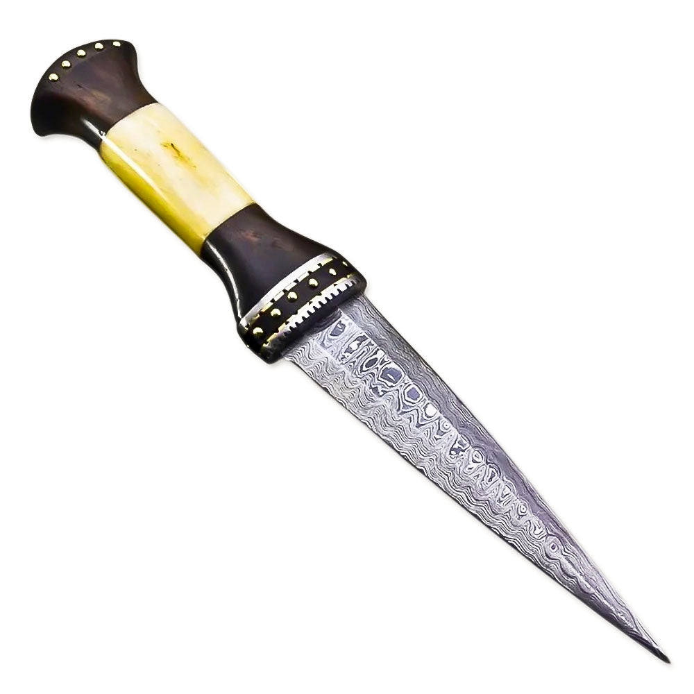 13" Handmade Damascus Steel Rat-Tail Dagger Knife Bone & Rose wood Handle With Leather Sheath - propswords