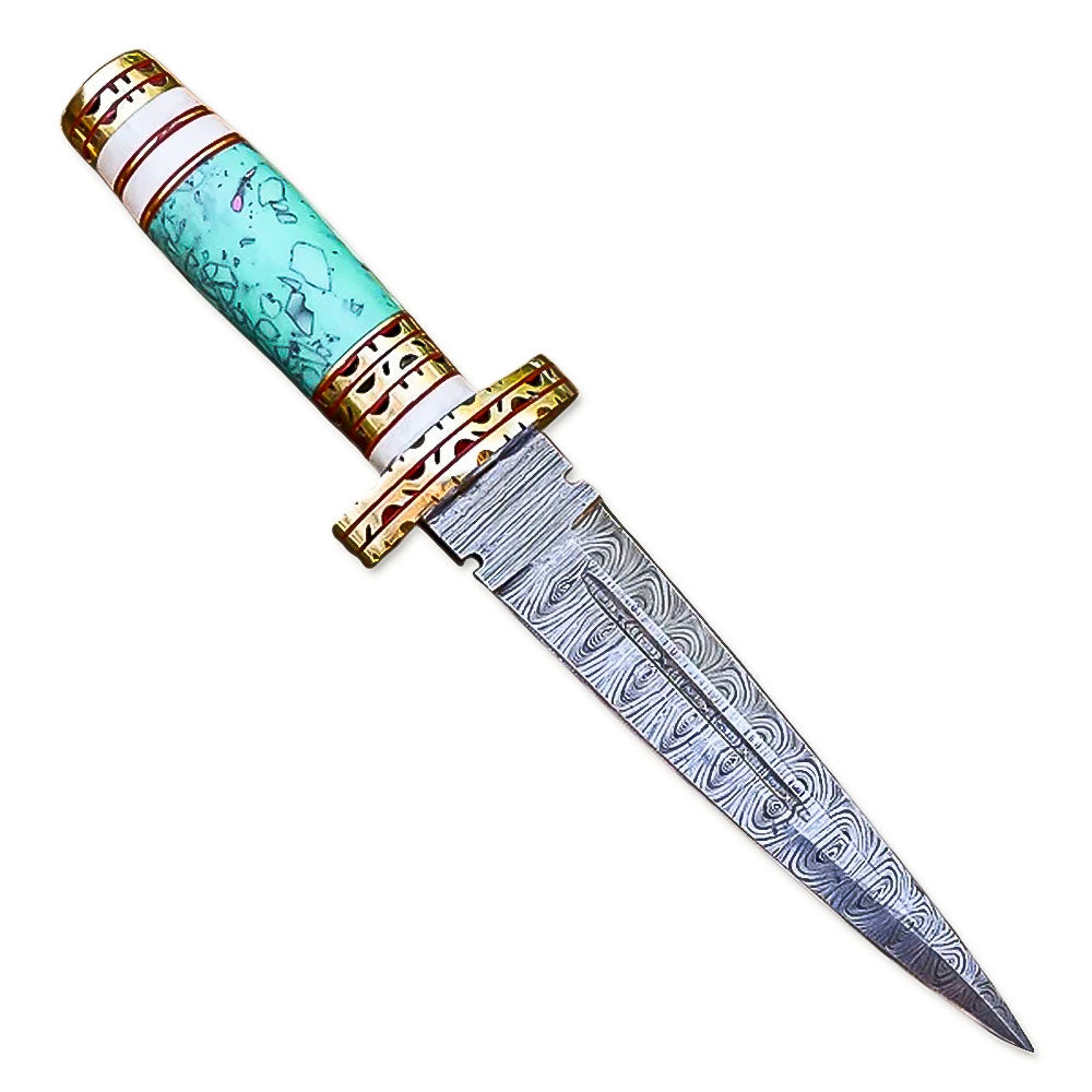 13" HandForged Damascus Steel Rat-Tail Double Edge Dagger Knife Resin & Bone Handle With Leather Sheath - propswords