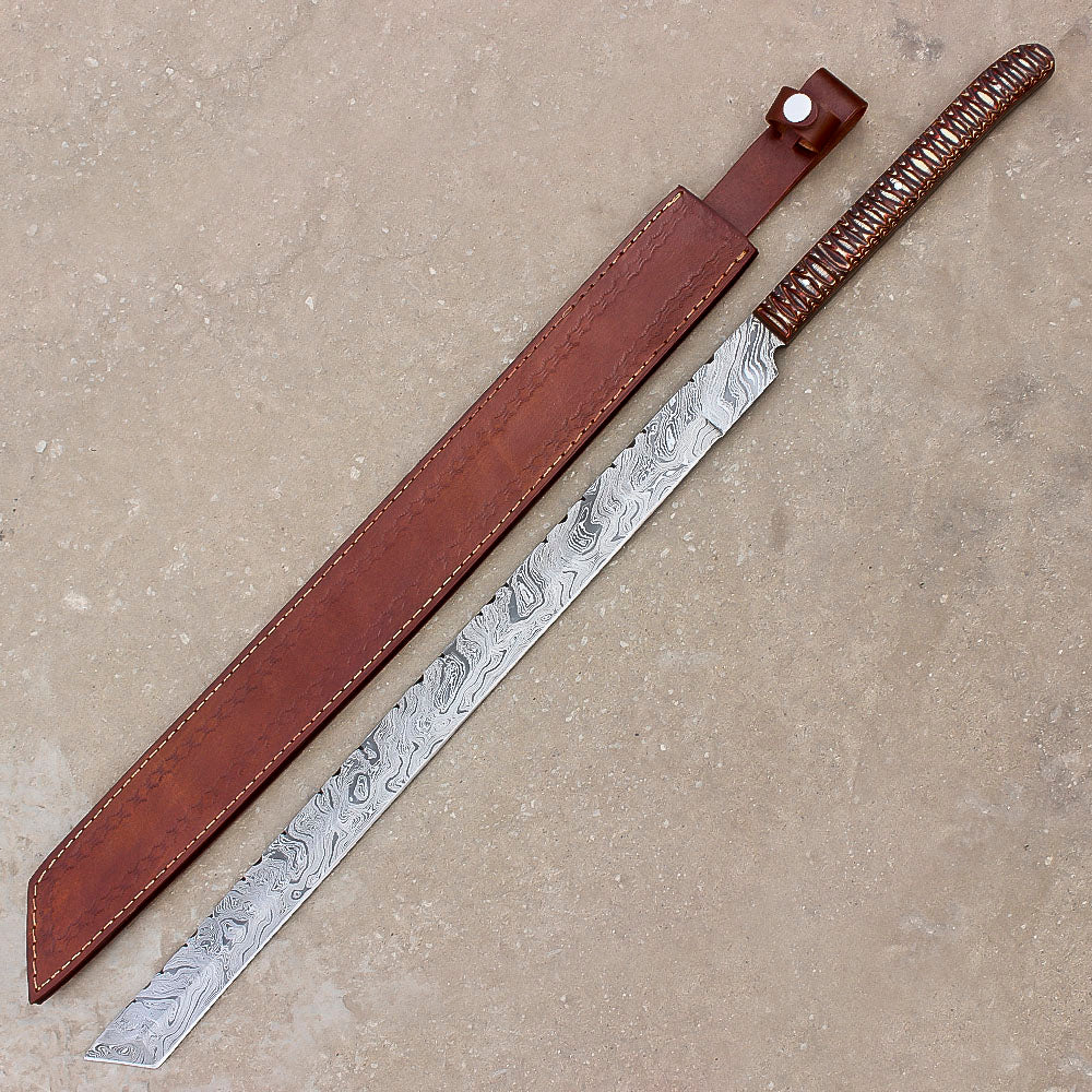 28" Hand Forged Damascus Steel Full Tang Machete Knife Outdoor Hunting Knife With Leather Sheath - propswords