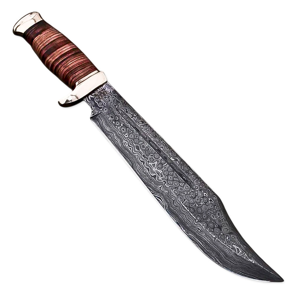 15" Handmade Damascus Steel Rat-Tail Bowie Knife Hunting Knife Wood Handle With Leather Sheath, Camping, Hunting, Fishing, Outdoor