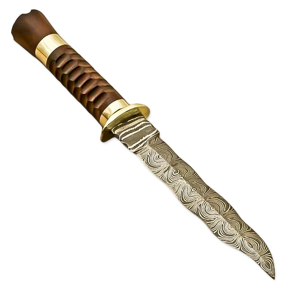 12" Handforged Damascus Steel Rat-Tail Dagger Knife With Leather Sheath-Rose Wood Handle - propswords