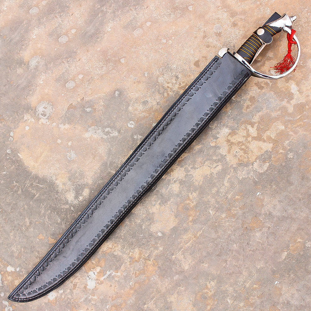 32" Hand Forged Damascus Steel Rat-Tail Cutlass Sword pirate sword With Leather Sheath - propswords
