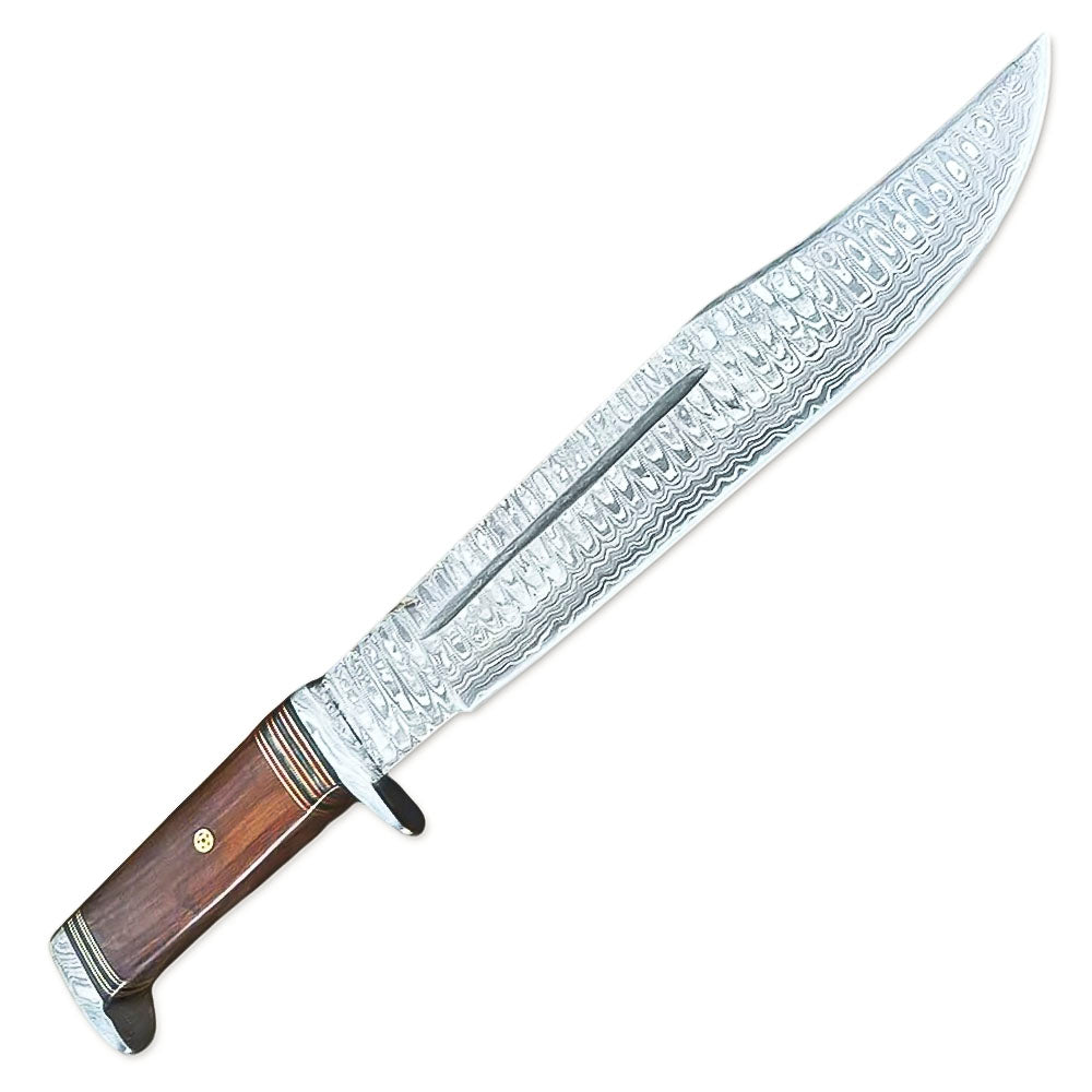15" Handmade Damascus Steel Full Tang Bowie Knife Rose Wood Handle With Leather Sheath - propswords