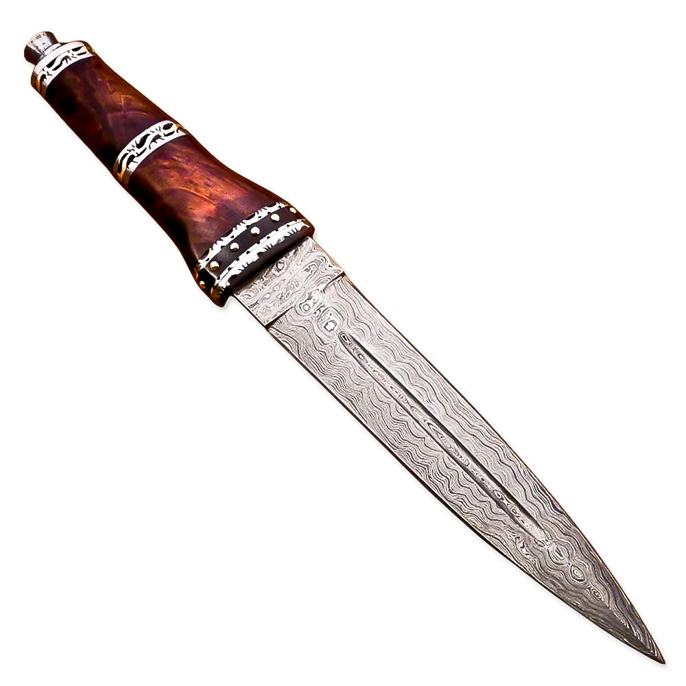 14" HandForged Damascus Steel Rat-Tail Dagger Knife Rose wood Handle With Leather Sheath - propswords