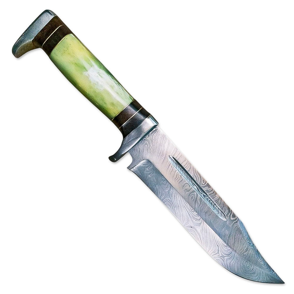 13” Handmade Damascus Steel Bowie Knife Colored Bone Handle With Leather Sheath - propswords