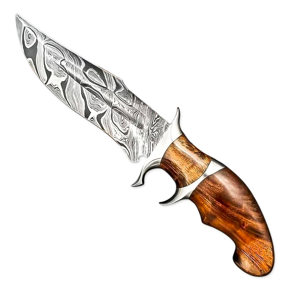 10" Handmade Damascus Steel Rat-Tail Rose Wood Handle Bowie Knife With Leather Sheath
