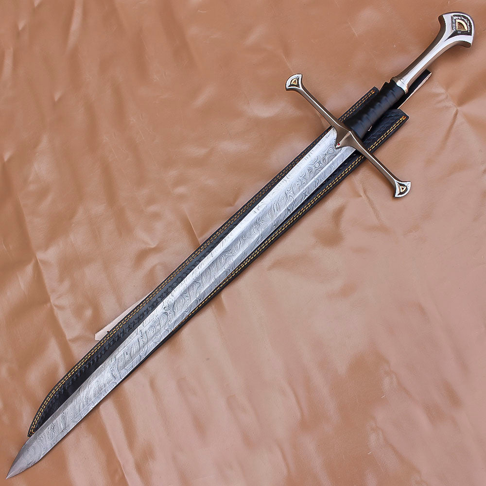 40" Damascus Steel Anduril Sword of Narsil The King Aragorn Sword Medieval Movie Sword With Leather Sheath - propswords