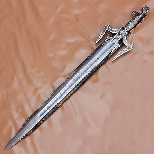 40" Hand Forged Damascus Steel Rat-Tail Batman Sword With Leather Sheath - propswords