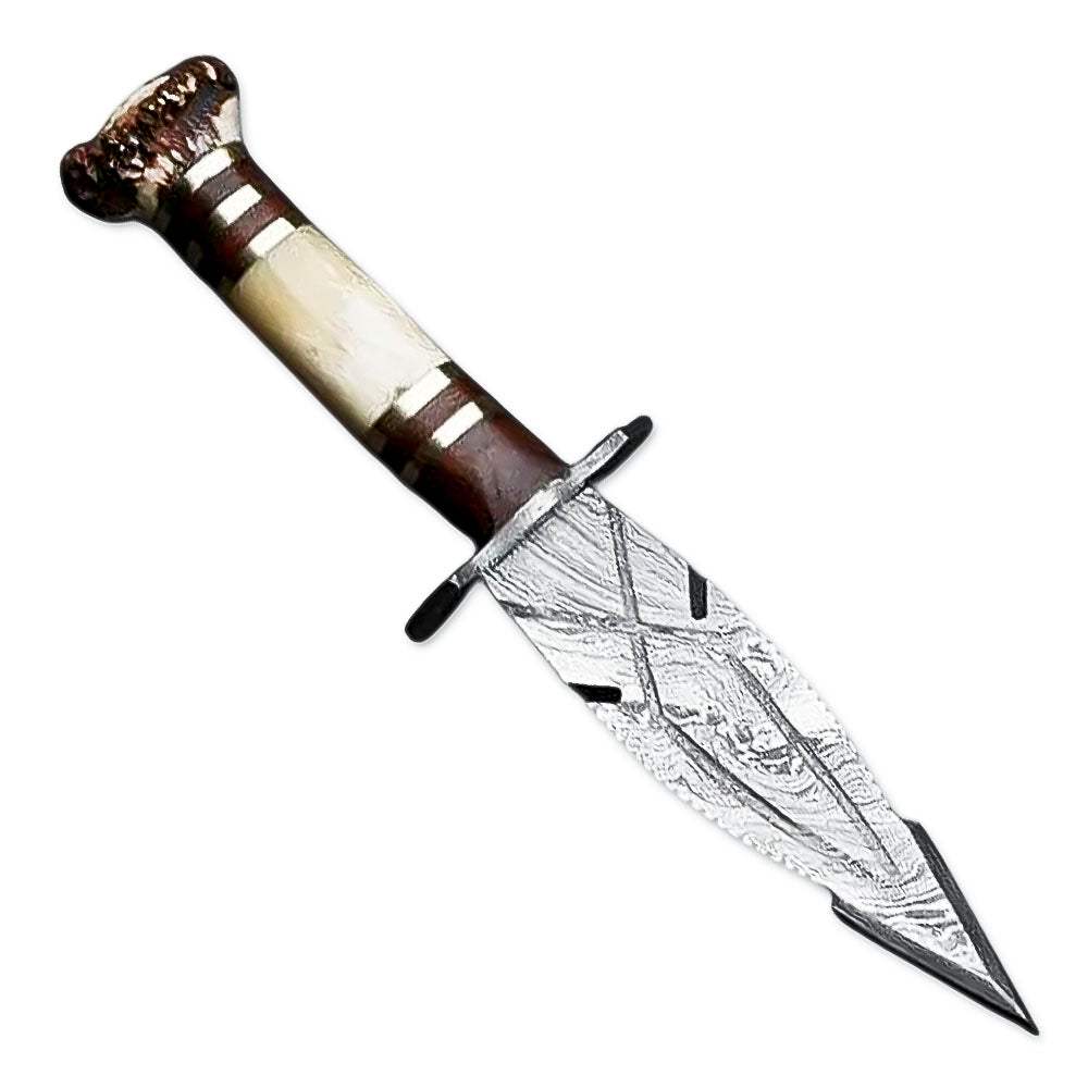 10" Handmade Damascus Steel Rat-Tail Dagger Knife With Leather Sheath- Stag antler & Bone Handle - propswords
