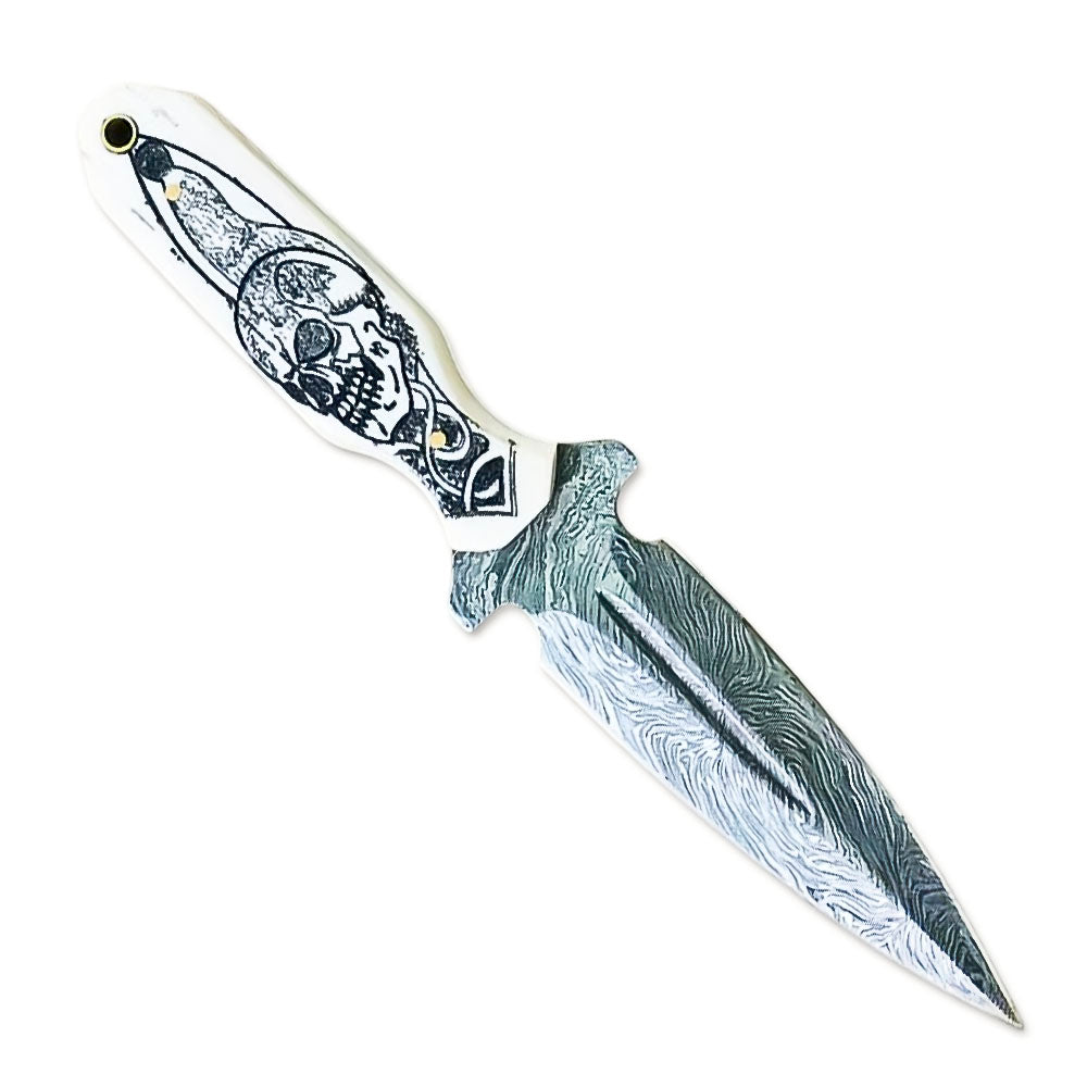 8" Handmade Damascus Steel Full Tang Double Edge Dagger Knife With Leather Sheath Camel Bone Handle - propswords