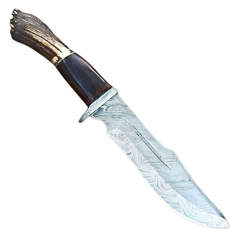 12" Handmade Damascus Steel Rat-Tail Bowie Knife Outdoor Hunting Knife Stag Antler Handle With Leather Sheath - propswords