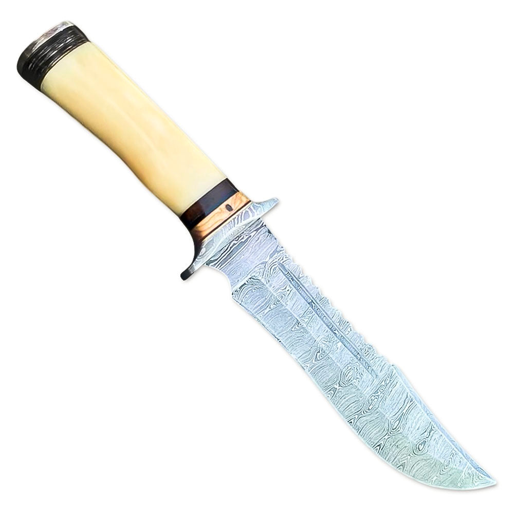 13" Handmade Damascus Steel Rat-Tail Bowie Hunting Knife Bone Handle With Leather Sheath Outdoor, Camping, Fishing - propswords