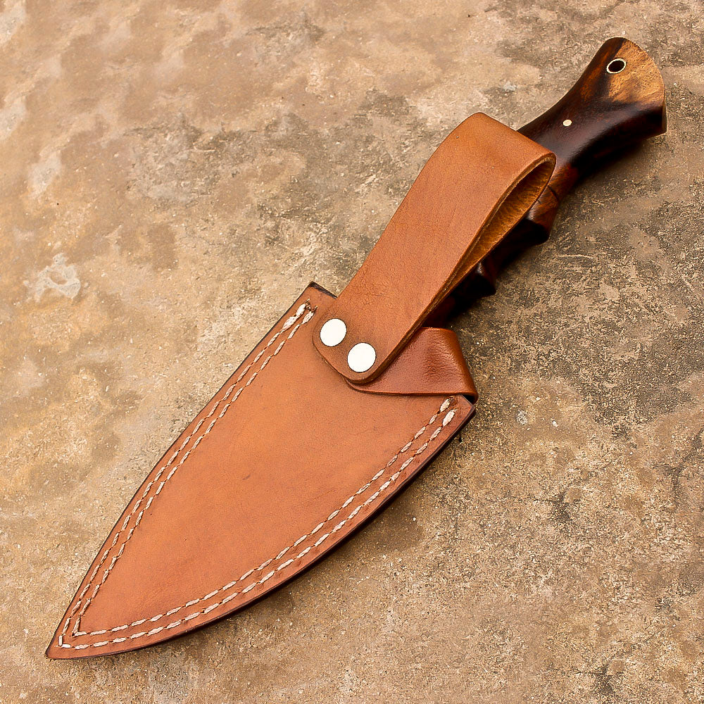 10" Damascus Steel Rat-Tail Survival Tactical Bobcat Bowie Knife With Leather Sheath-Rose Wood Handle - propswords