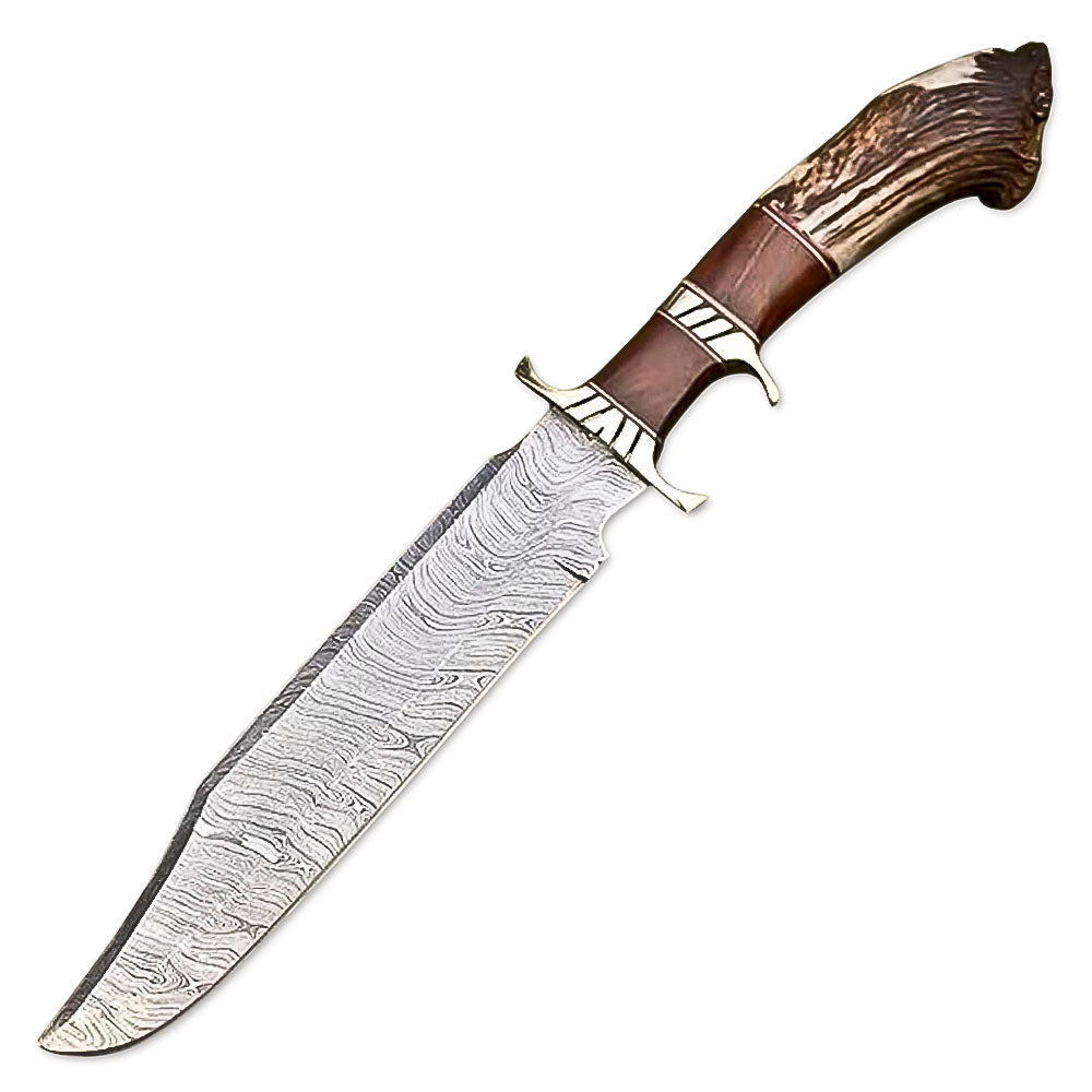 15" Handmade Damascus Steel Rat-Tail Bowie Hunting Knife Stag Antler Handle With Leather Sheath- Outdoor, Camping, Fishing, Hunting - propswords