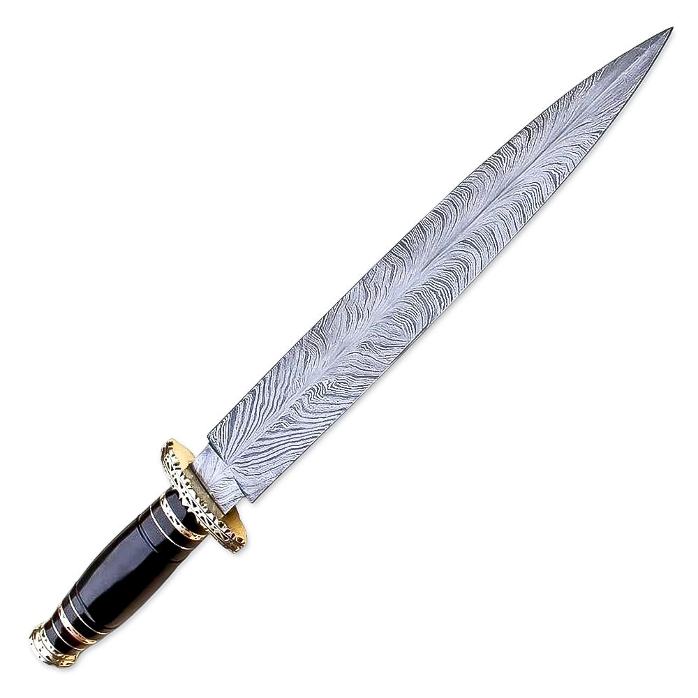 15" Handmade Damascus Steel Rat-Tail Dagger Knife With Leather Sheath- Buffalo Horn Handle - propswords