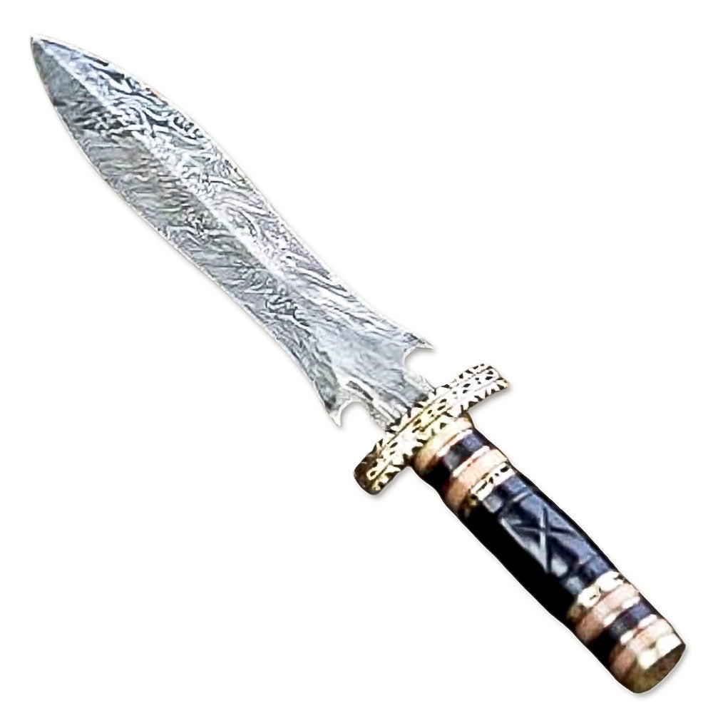13" HandForged Damascus Steel Rat-Tail Double Edge Dagger Knife Buffalo Horn & Bone Handle With Leather Sheath