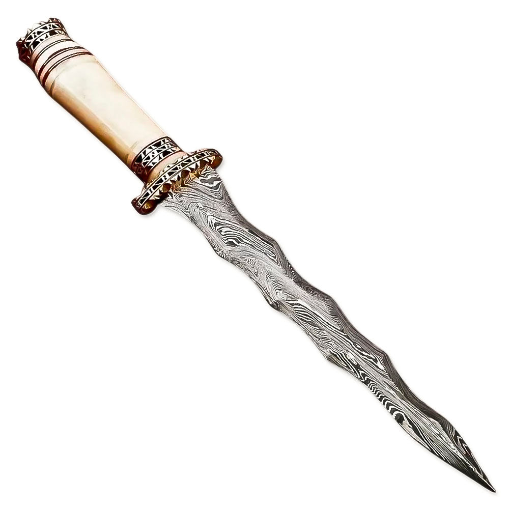 13" Handmade Damascu Steel Rat-Tail Duble Edge Kris Blade Dagger Knife Bone Handle With Leather Sheath - propswords