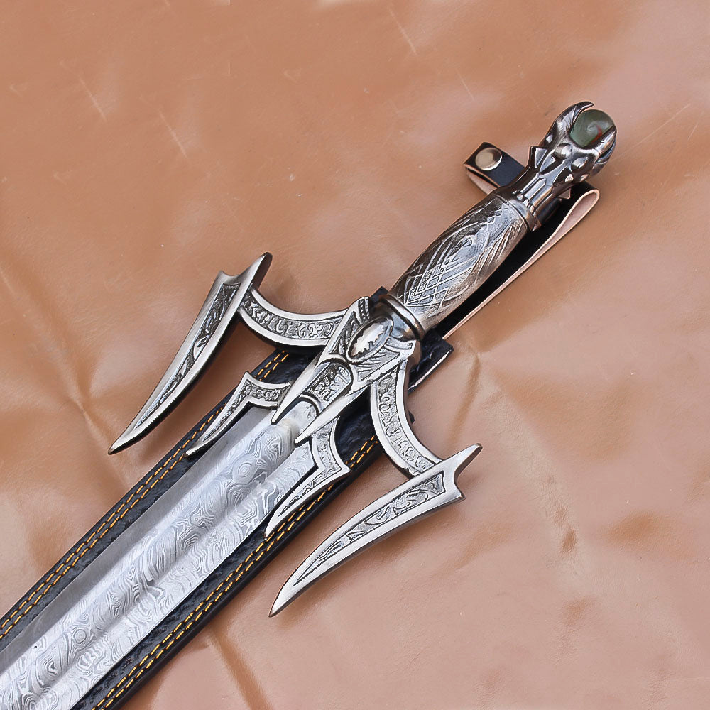 40" Hand Forged Damascus Steel Rat-Tail Batman Sword With Leather Sheath - propswords