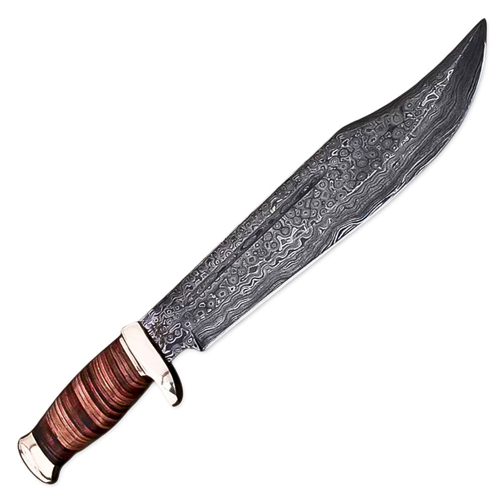 15" Handmade Damascus Steel Rat-Tail Bowie Knife Hunting Knife Wood Handle With Leather Sheath, Camping, Hunting, Fishing, Outdoor - propswords