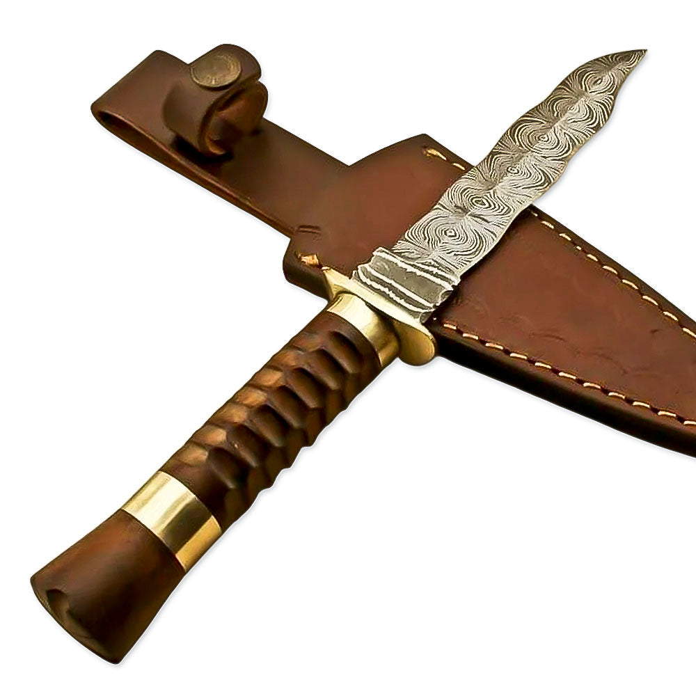 12" Handforged Damascus Steel Rat-Tail Dagger Knife With Leather Sheath-Rose Wood Handle - propswords