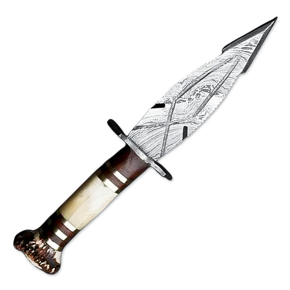 10" Handmade Damascus Steel Rat-Tail Dagger Knife With Leather Sheath- Stag antler & Bone Handle - propswords