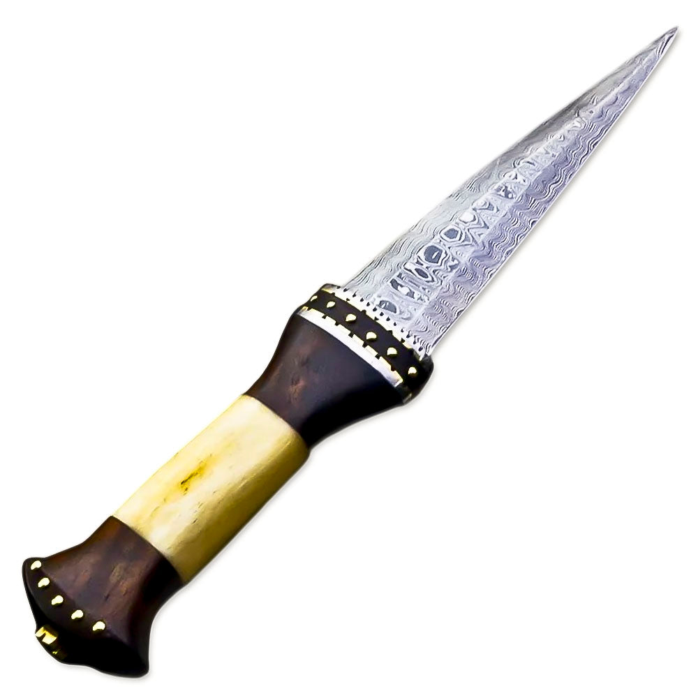 13" Handmade Damascus Steel Rat-Tail Dagger Knife Bone & Rose wood Handle With Leather Sheath - propswords