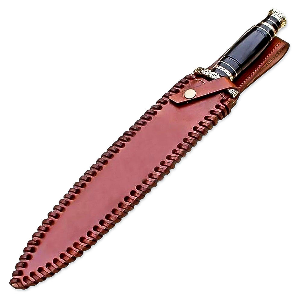 15" Handmade Damascus Steel Rat-Tail Dagger Knife With Leather Sheath- Buffalo Horn Handle - propswords