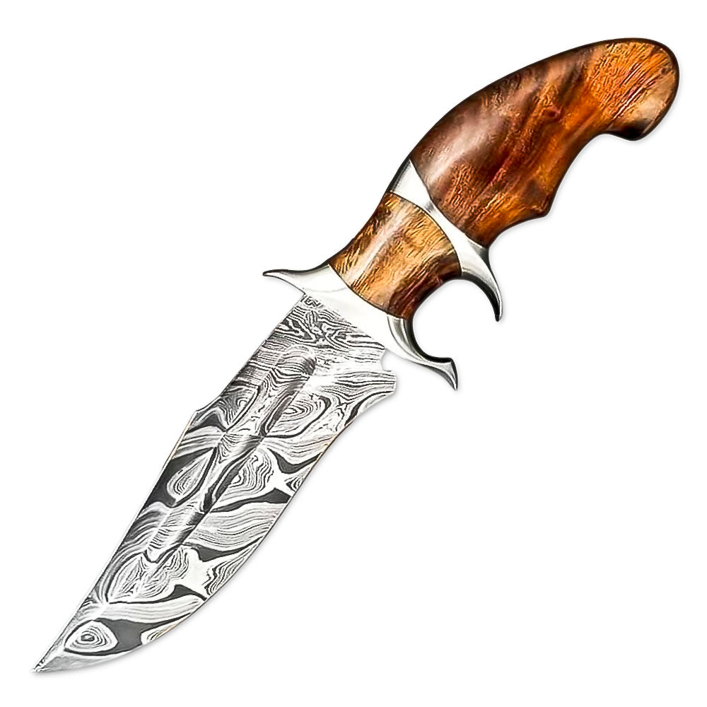 10" Handmade Damascus Steel Rat-Tail Rose Wood Handle Bowie Knife With Leather Sheath
