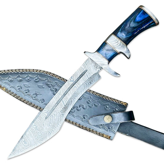 14” Hand Forged Damascus Steel Rat-Tail Bowie Knife Hard Wood Handle With Leather Sheath - propswords