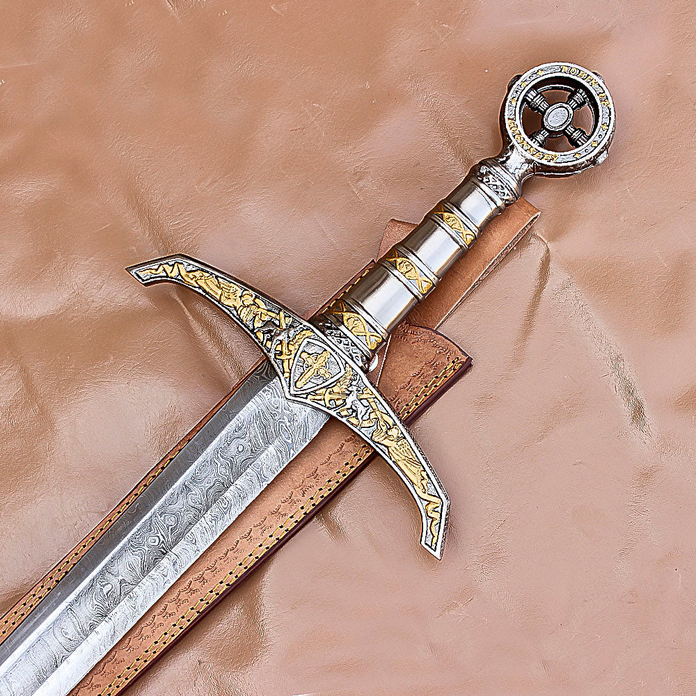 40" Hand Forged Damascus Steel Rat-Tail Locksley Sword With Leather Sheath - propswords