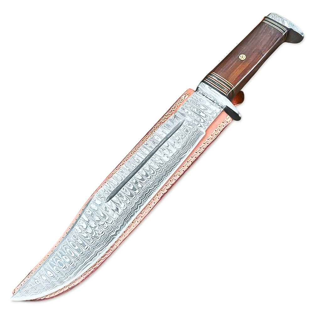 15" Handmade Damascus Steel Full Tang Bowie Knife Rose Wood Handle With Leather Sheath - propswords