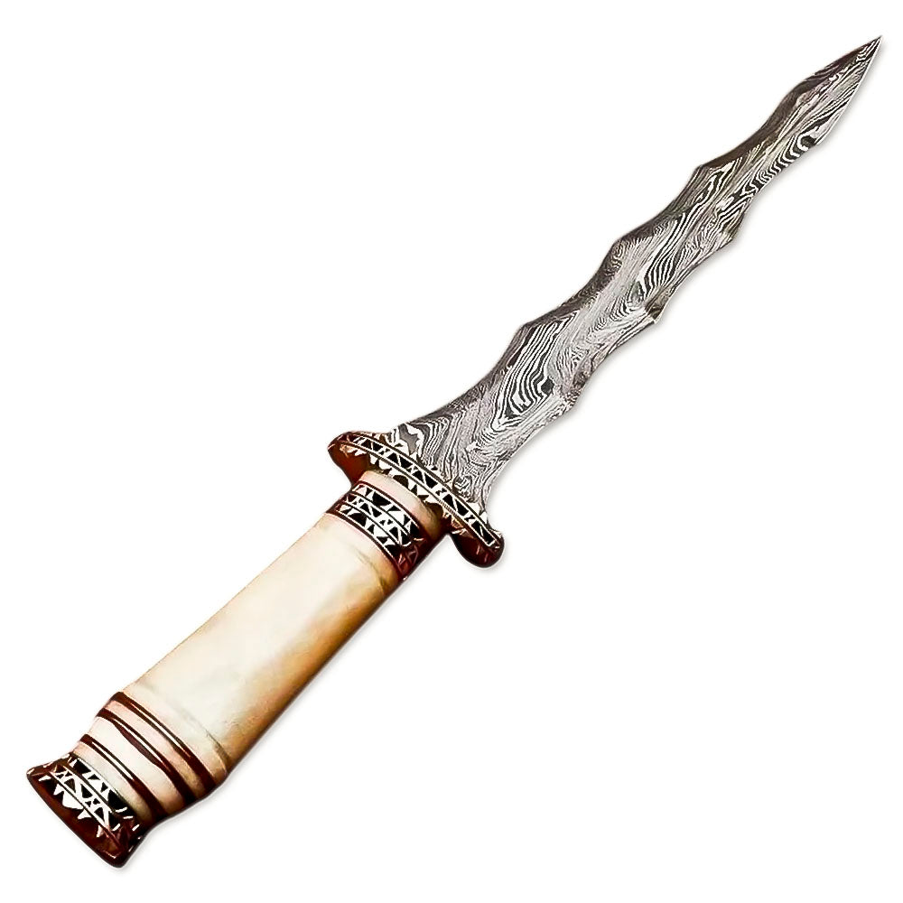 13" Handmade Damascu Steel Rat-Tail Duble Edge Kris Blade Dagger Knife Bone Handle With Leather Sheath - propswords