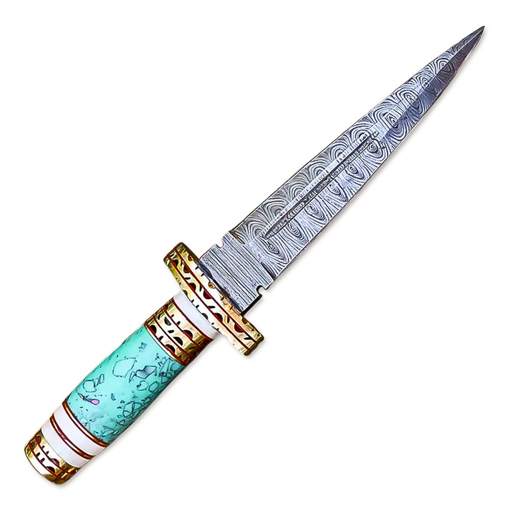 13" HandForged Damascus Steel Rat-Tail Double Edge Dagger Knife Resin & Bone Handle With Leather Sheath - propswords