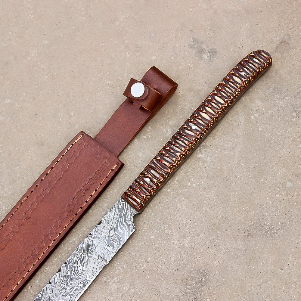 28" Hand Forged Damascus Steel Full Tang Machete Knife Outdoor Hunting Knife With Leather Sheath - propswords