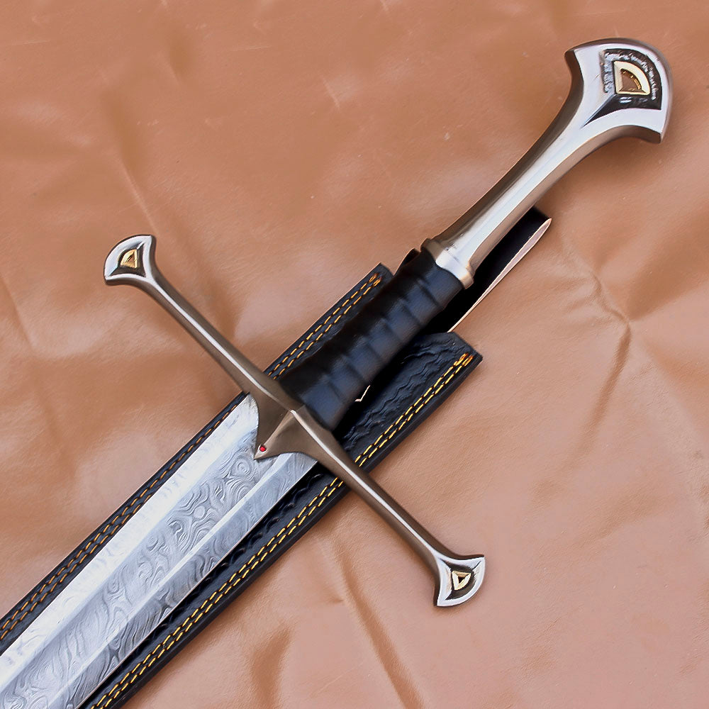 40" Damascus Steel Anduril Sword of Narsil The King Aragorn Sword Medieval Movie Sword With Leather Sheath - propswords